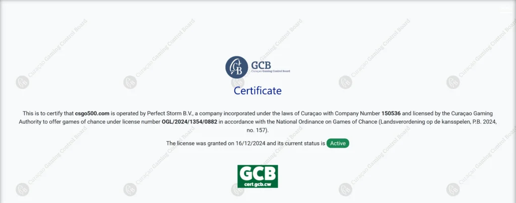Licença Curaçao CSGO500 – Plataforma de Jogos Online Certificada