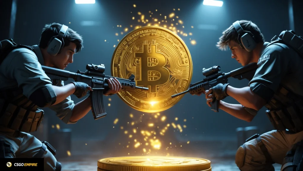 Zwei CS:GO Soldaten stehen sich über einem leuchtenden Bitcoin gegenüber und symbolisieren Krypto-Wetten in CS:GO Casinos!