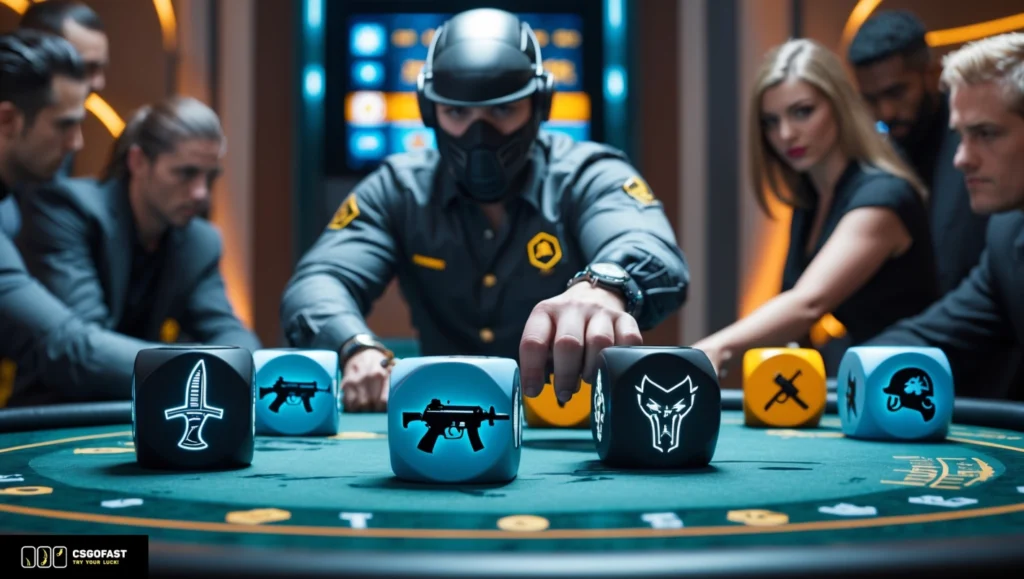 Uma mesa de cassino CS:GO de alto risco com dados personalizados mostrando skins de armas e facas. Experimente apostas com skins CS:GO na CSGOFast com roleta, case battles e jogos de jackpot!