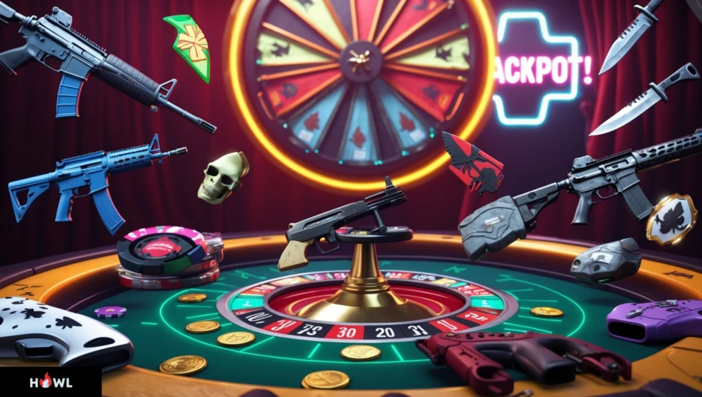 Jackpot de skins CS:GO na Howl! Gire a roleta para tentar ganhar facas raras, rifles e skins exclusivas. Tente a sorte hoje mesmo!