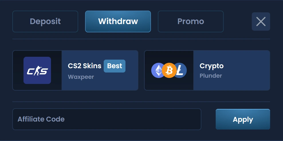 Métodos de Saque Plunder – Cashout via Skins CS2 ou Criptomoedas