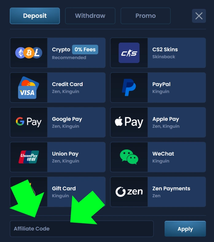 Opções de Depósito Plunder – Cripto, Cartão de Crédito, PayPal, Google Pay, Apple Pay, Union Pay, WeChat, Gift Card e Zen Payments, incluindo campo para código de afiliado.