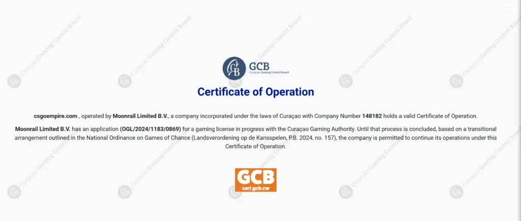 CSGOEmpire Curaçao Spielerlizenz – Betriebszertifikat von Moonrail Limited B.V.